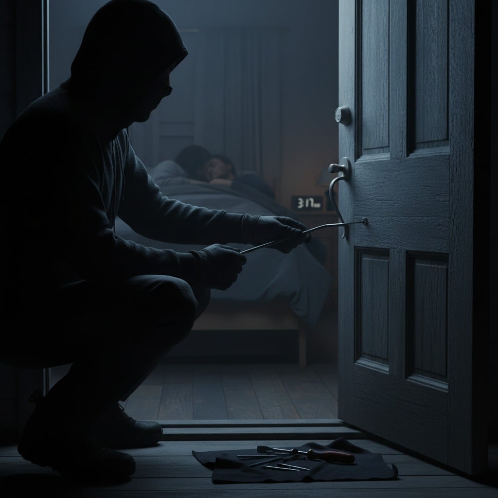 Una figura incappucciata scassina una porta di notte mentre una coppia dorme sullo sfondo.