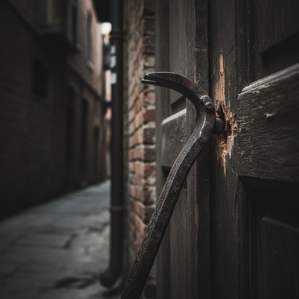 Un piede di porco è conficcato in una vecchia porta di legno in un vicolo stretto.